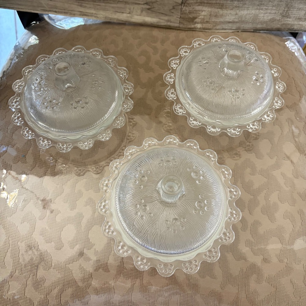 Vintage Clear Pressed Glass Scalloped Trinket Dishes with Lids Set of 3